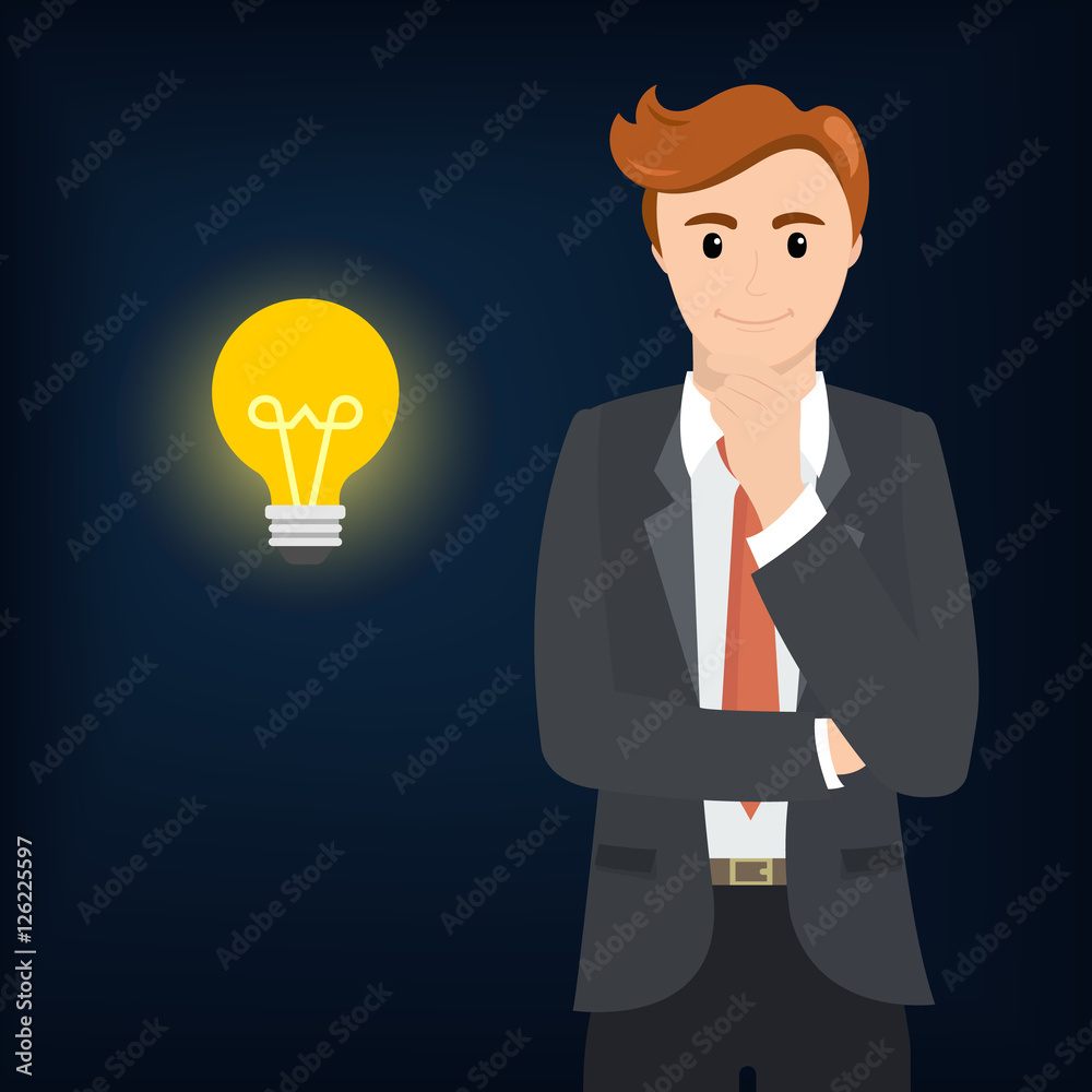 The businessman thinking and the bulb shines. Idea concept. Vector flat design illustration. The businessman thinking and the bulb shines. Idea concept. Vector flat design illustration.