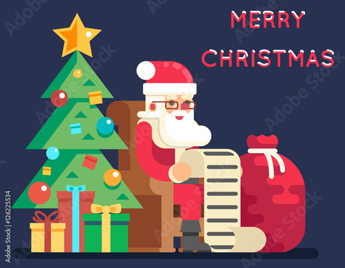 Christmas Santa Claus Tree Bell Gifts List New Year Icon Flat Design Greeting Card Vector Illustration