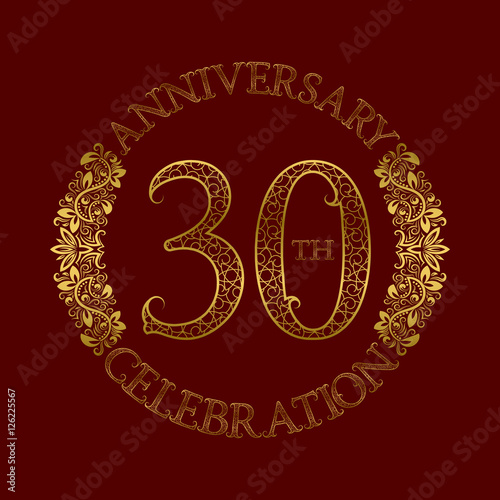 30th anniversary celebration vintage patterned logo symbol. Golden circular ornate emblem on red.