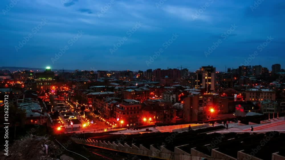 Night in Yerevan, Armenia from Cascade, Ararat mountain at the background. Nightlife with people