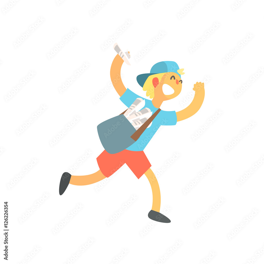 Kid With Handbag Running Delivering Newspapers Kid With Handbag Running Delivering Newspapers