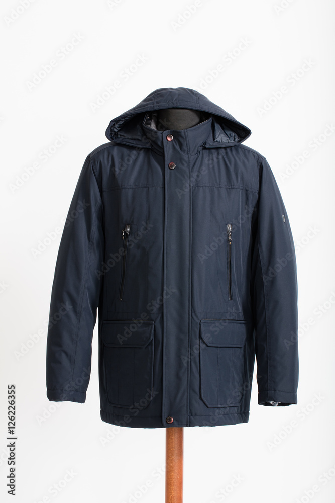 Black jacket for men with a hood on white background Black jacket for men with a hood on white background