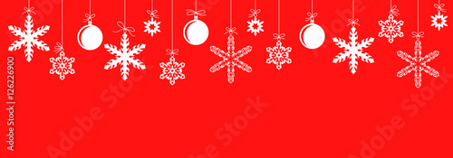 Christmas red banner with snowflakes baubles hanging