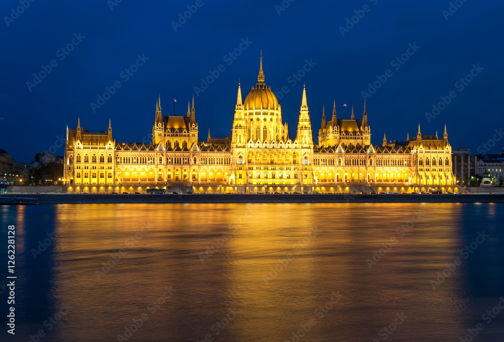 Parliament building and the Danube river at night, Budapest, Hun