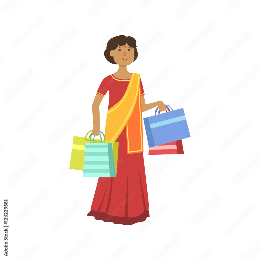 Woman In Indian Sari In Shopping Mall