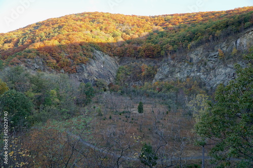 Mountainside sunrise with morning light cast shadow across fall autumn foliage. Leaves on trees change colors in upstate new york.