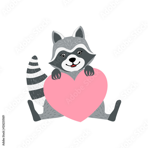 Cute Raccoon Character With Giant Pink Heart