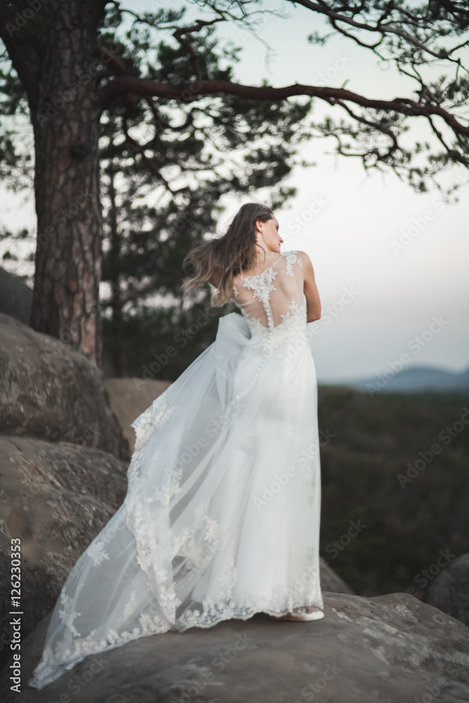 Gorgeous bride in elegant dress holding bouquet posing near forest 