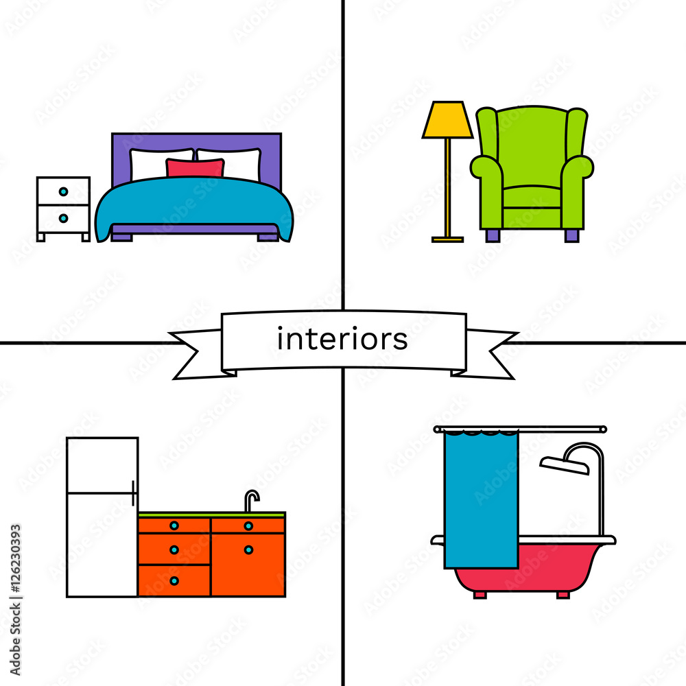Icon furniture of bedroom, living room, kitchen and bathroom Stock