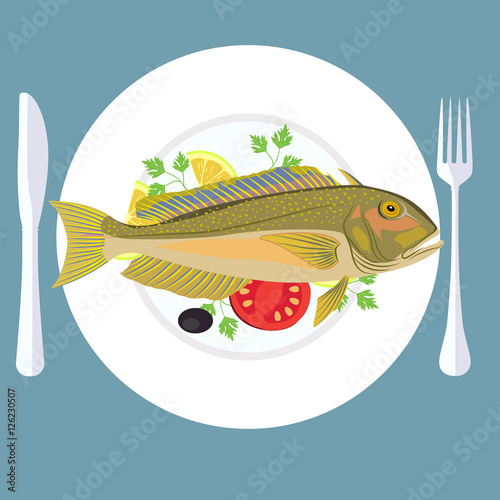 Vector illustration of grill prepared fish with lemon and parsley