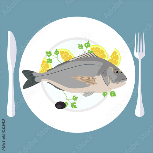 Vector illustration of grill prepared fish with lemon and parsley