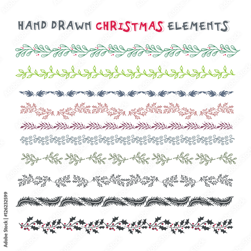 Hand drawn set of colorful wreaths, ribbons, laurel on white bac
