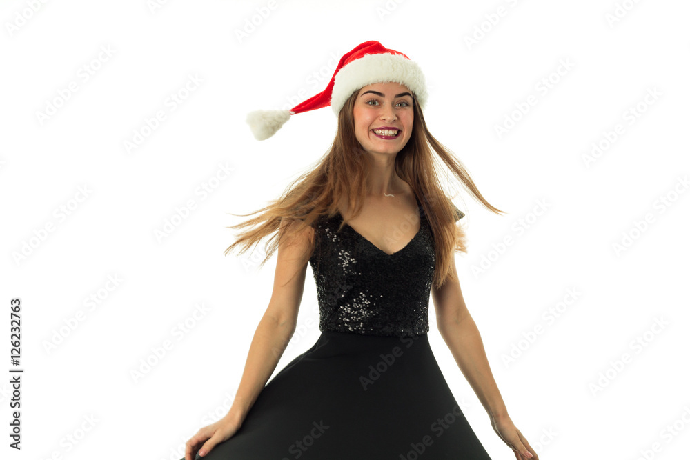 portrait of happy beautiful girl in santa hat portrait of happy beautiful girl in santa hat