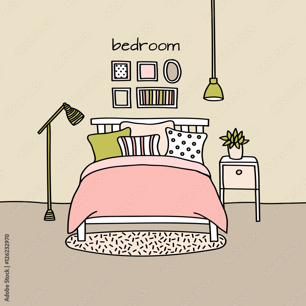 Vector illustration of a bedroom. Hand drawn style Stock Vector | Adobe ...