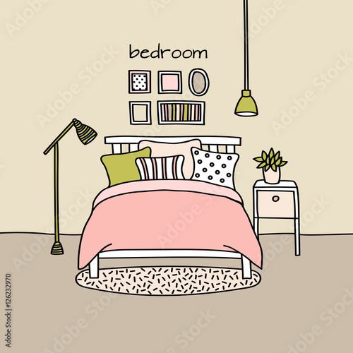 Vector illustration of a bedroom. Hand drawn style