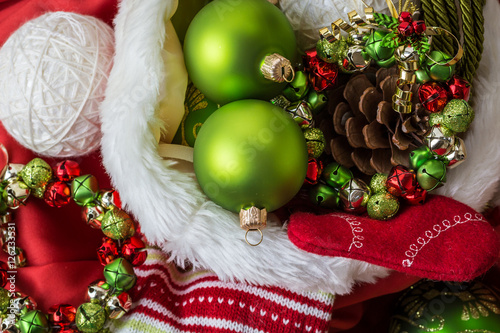 Variety of Christmas decoration in green, redand white in a Sant photo