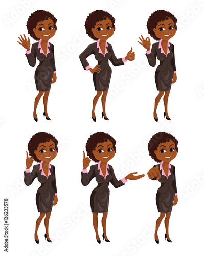 Set of smiling cartoon African American business woman with different gestures: hello, ok, thumb up, attention, presentation, finger up. Vector illustration isolated on white background.