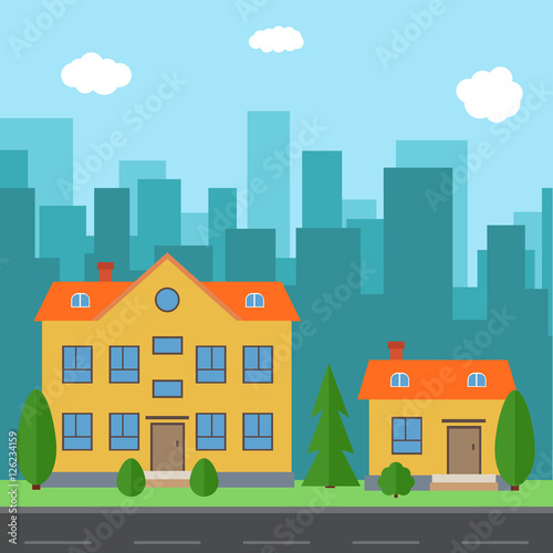 Vector city with cartoon houses and buildings. City space with road on flat style background concept. Summer urban landscape. Street view with cityscape on a background 