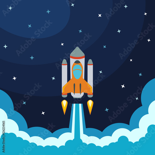 Space rocket launch. Vector illustration with flying rocket. Space travel. Project development. Creative idea.
