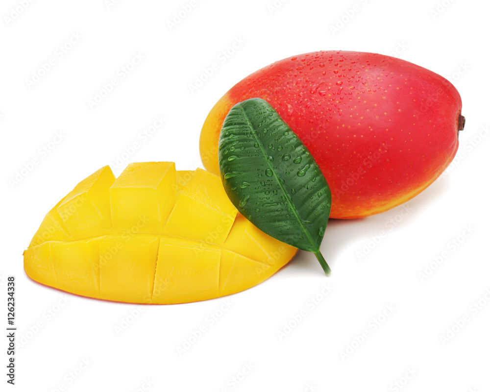 Fresh mango fruit with cut and green leaves isolated on white ...
