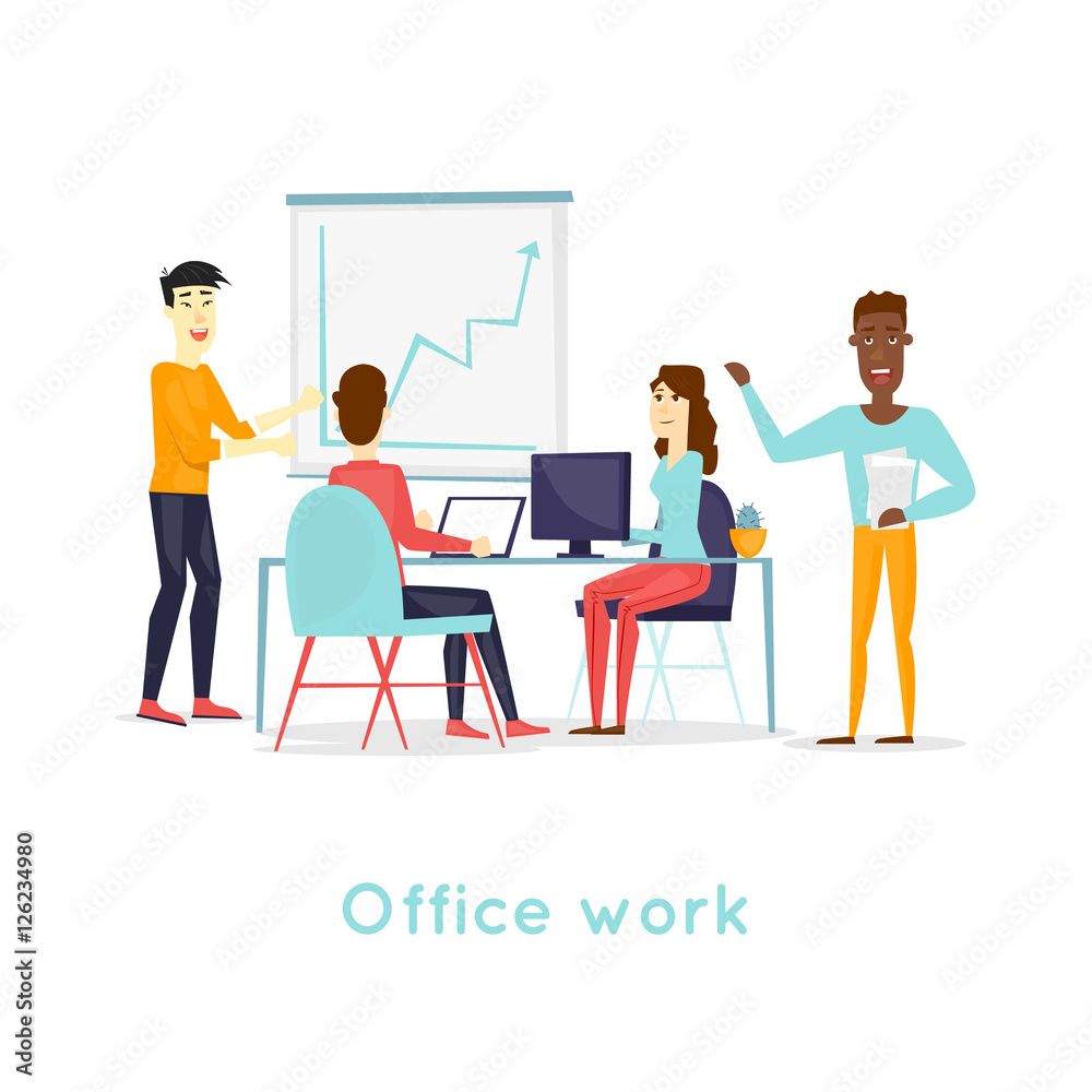 Business characters. Co working people, meeting, teamwork, collaboration and discussion, conference table, brainstorm. Workplace. Office life. Isolated background. Flat design vector illustration.