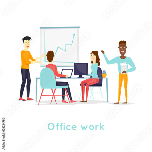 Business characters. Co working people, meeting, teamwork, collaboration and discussion, conference table, brainstorm. Workplace. Office life. Isolated background. Flat design vector illustration.