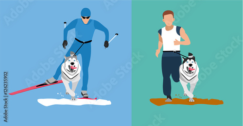 Winter cross country skiing with a dog and a summer running competition with the dog-husky. Flat cartoon illustration.