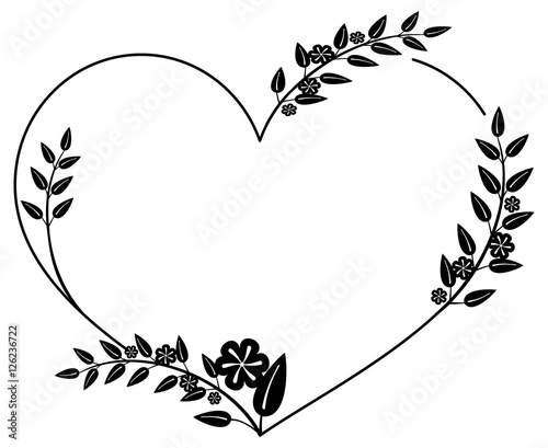 Heart-shaped black and white frame with floral silhouettes.