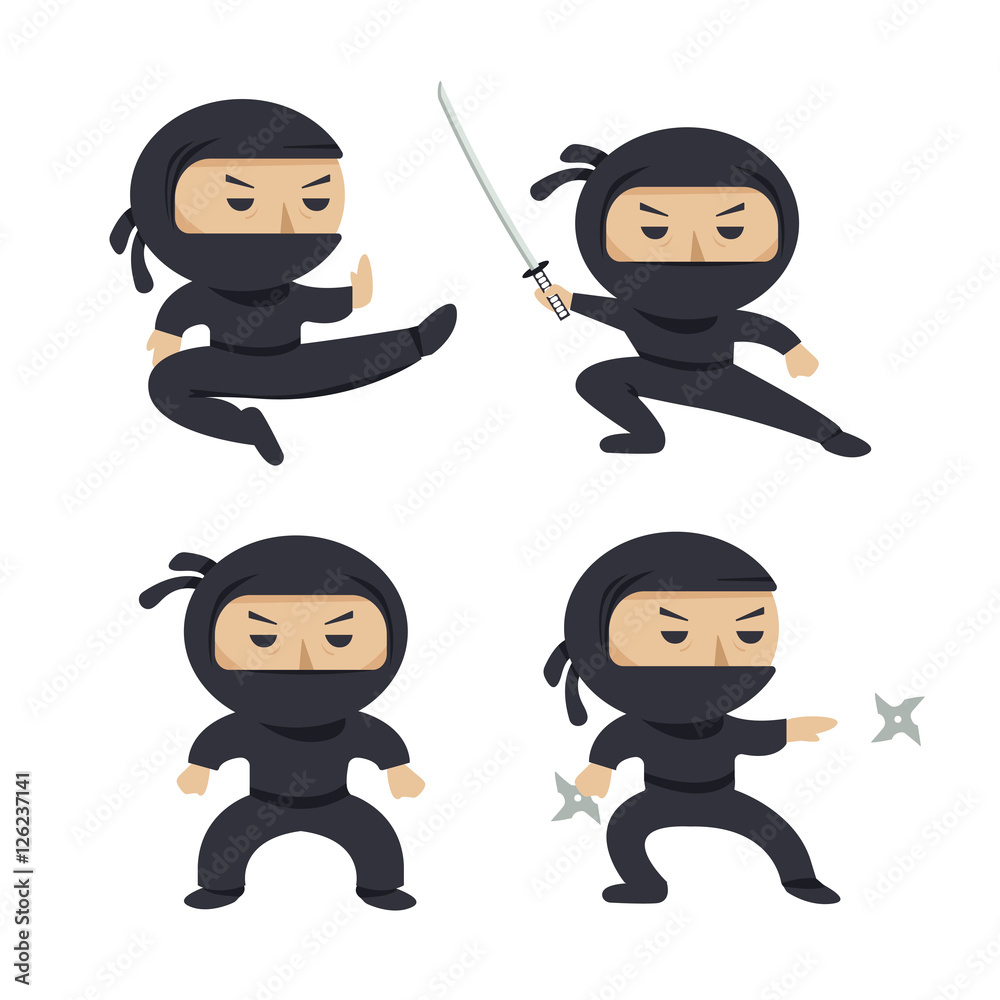 Vetor de Set of ninja characters showing different actions. Serious ...