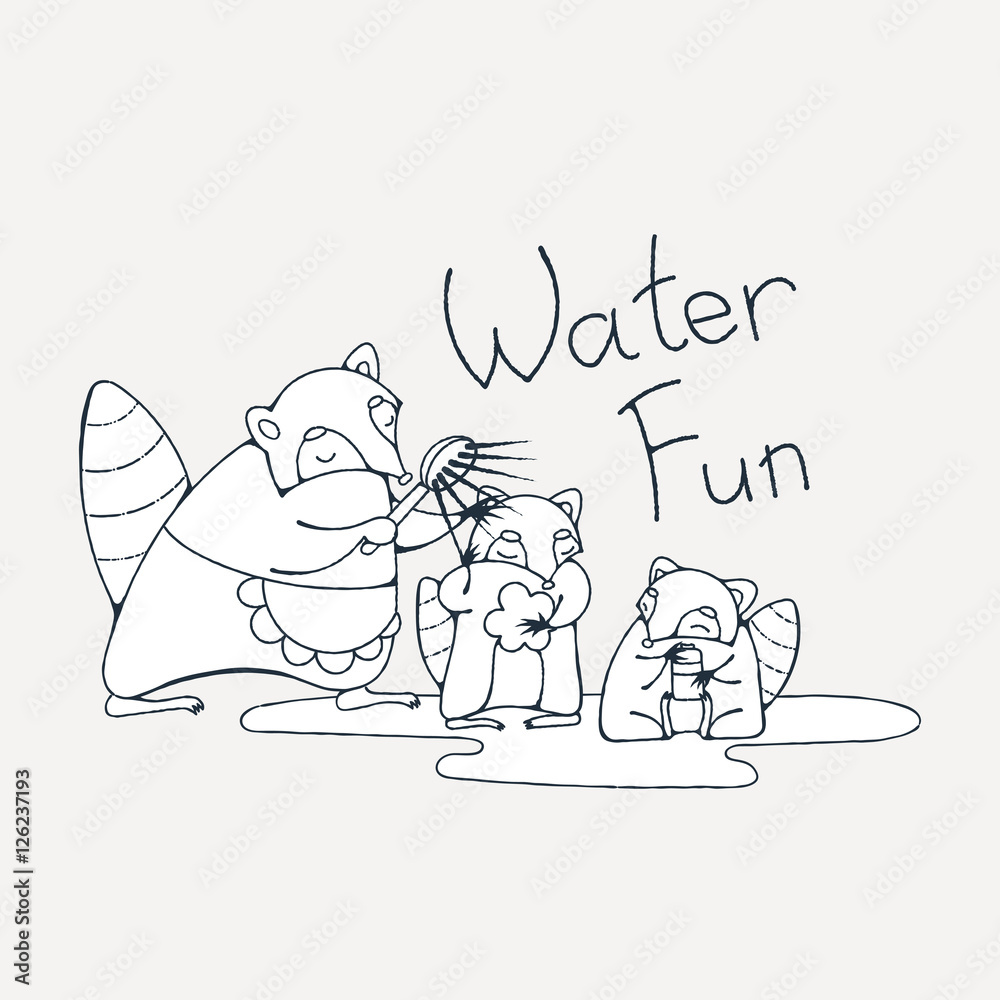 Family bathing racoons. Family bathing racoons.