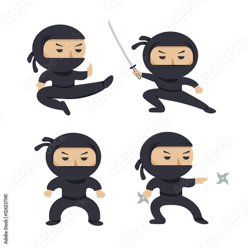 Set of ninja characters showing different actions. Serious ninja with sword running, attacking, throwing star, jumping, kicking, hitting. Flat style vector illustration.