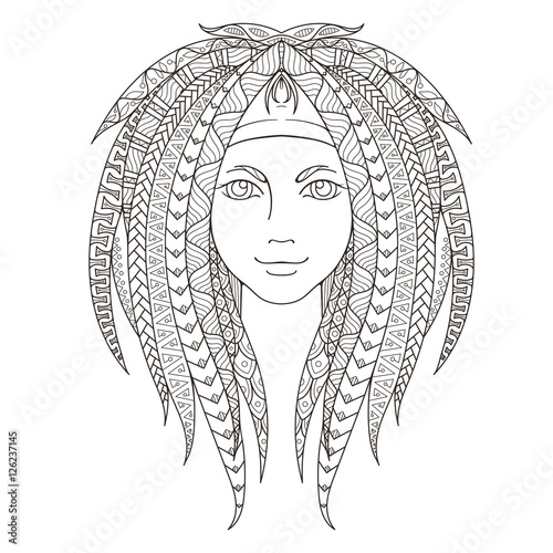 Young girl with patterned zentangle dreadlocks. Page for coloring. Ornate hairstyle.