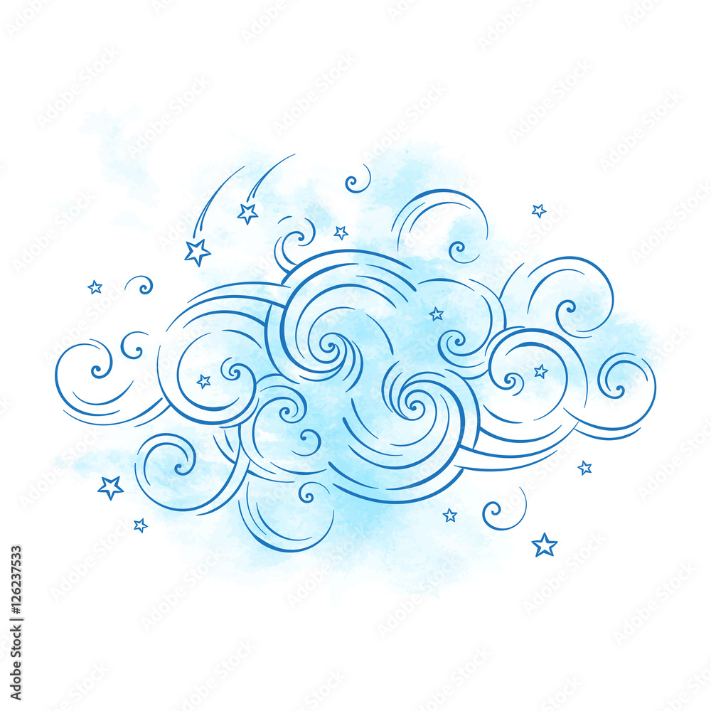 Blue dream cloud and shooting stars boho doodle isolated vector Blue dream cloud and shooting stars boho doodle isolated vector