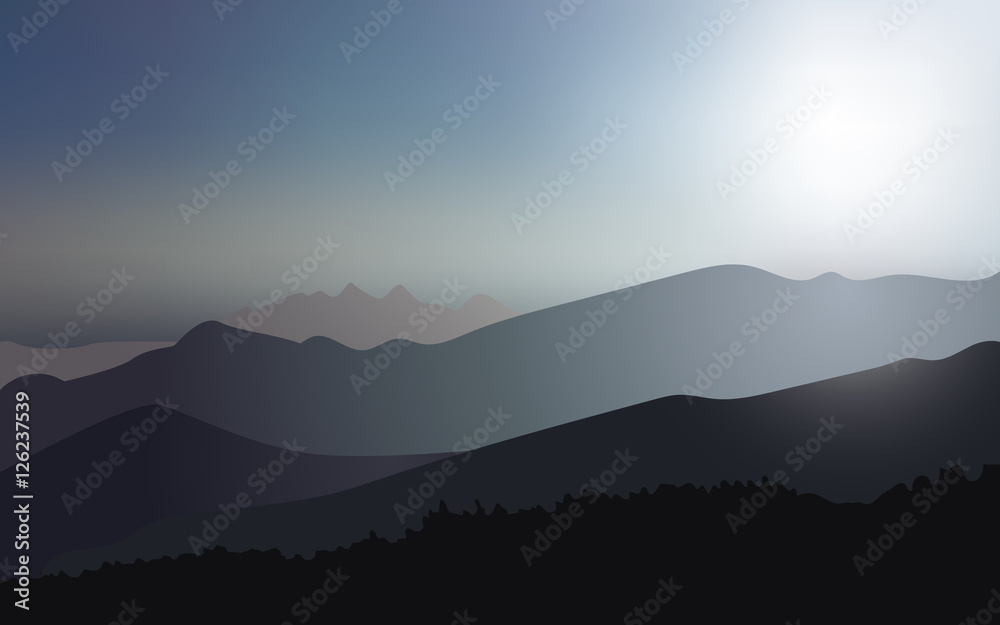 Sunrise in the mountains. Vector landscape in dark blue colors. Outdoor background.