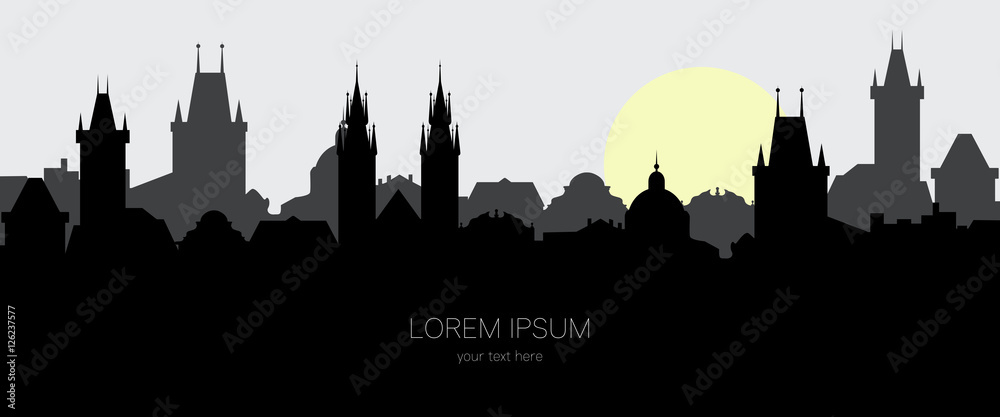 Silhouette of old town of Prague. Cityscape in the european city at sunrise. Vector illustration for website or banner. Travel background with space for text.
