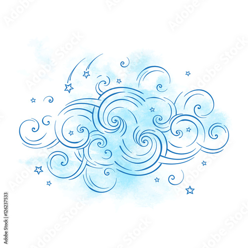 Blue dream cloud and shooting stars boho doodle isolated vector