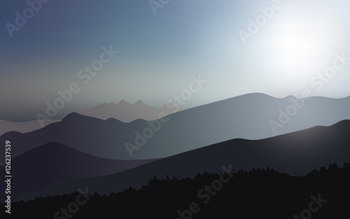 Sunrise in the mountains. Vector landscape in dark blue colors. Outdoor background.