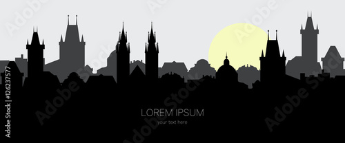 Silhouette of old town of Prague. Cityscape in the european city at sunrise. Vector illustration for website or banner. Travel background with space for text.