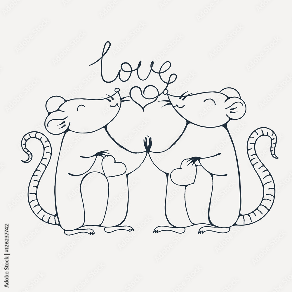 Obraz premium Rats in love. Coloring page.