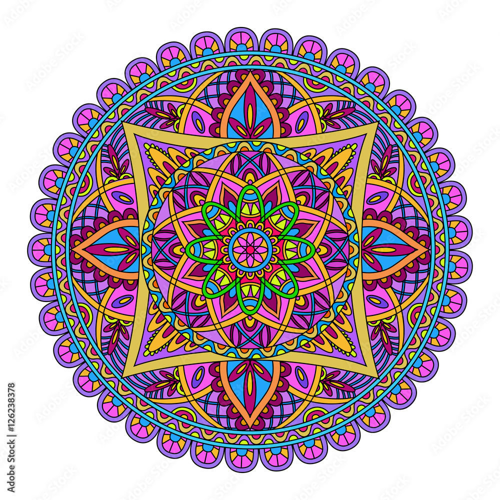 Oriental pattern. Colored round Arabic, Indian, American, Moroccan ethnic ornament such as adult coloring book, batik, t-shirt print. Mandala. Vector illustration.