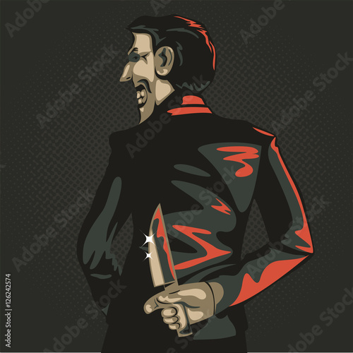 danger betrayal businessman in cartoon style, businessman hold on knife in concept of business betray