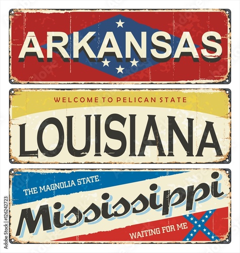 Vintage tin sign collection with America state. Arkansas. Louisiana. Mississippi. Retro souvenirs or postcard templates on rust background. American flag. Stars.