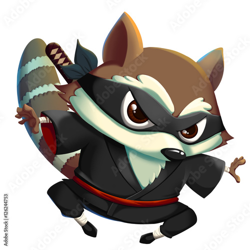 Ninja KungFu Raccoon isolated on White Background. Video Game's Digital CG Artwork, Concept Illustration, Realistic Cartoon Style Background and Character Design 