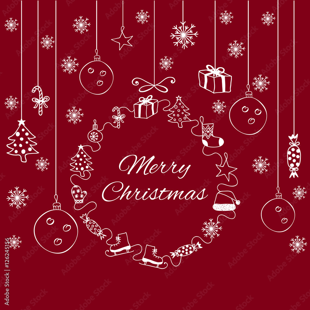 White Decorative Banner Merry Christmas On The Red Background
