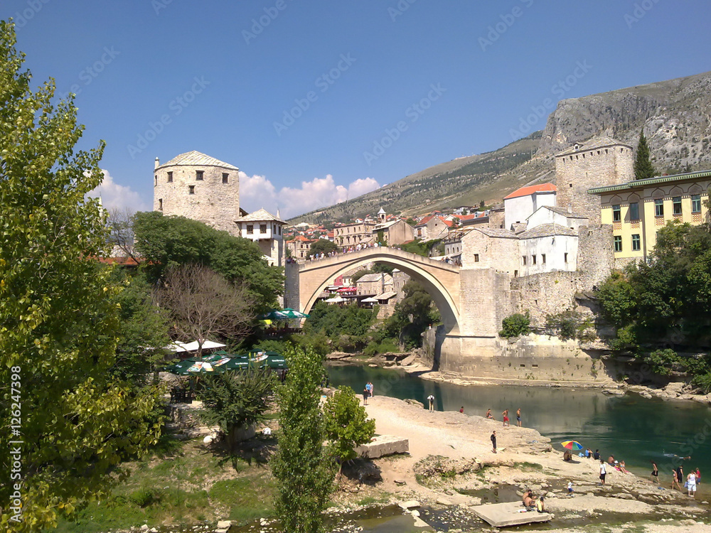 View on Stari Most (Old bridge) on Neretva river in Mostar city, Bosnia and Herzegovina