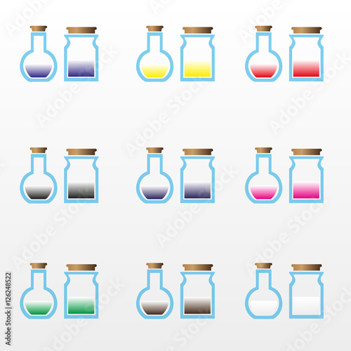 science laboratory glass flask with various color liquid icons eps10