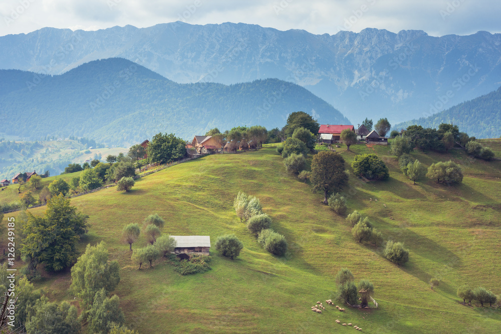Mountain landscape in Romania. Rural Romanian landscape. Landscape of Magura Village near Brasov, Romania