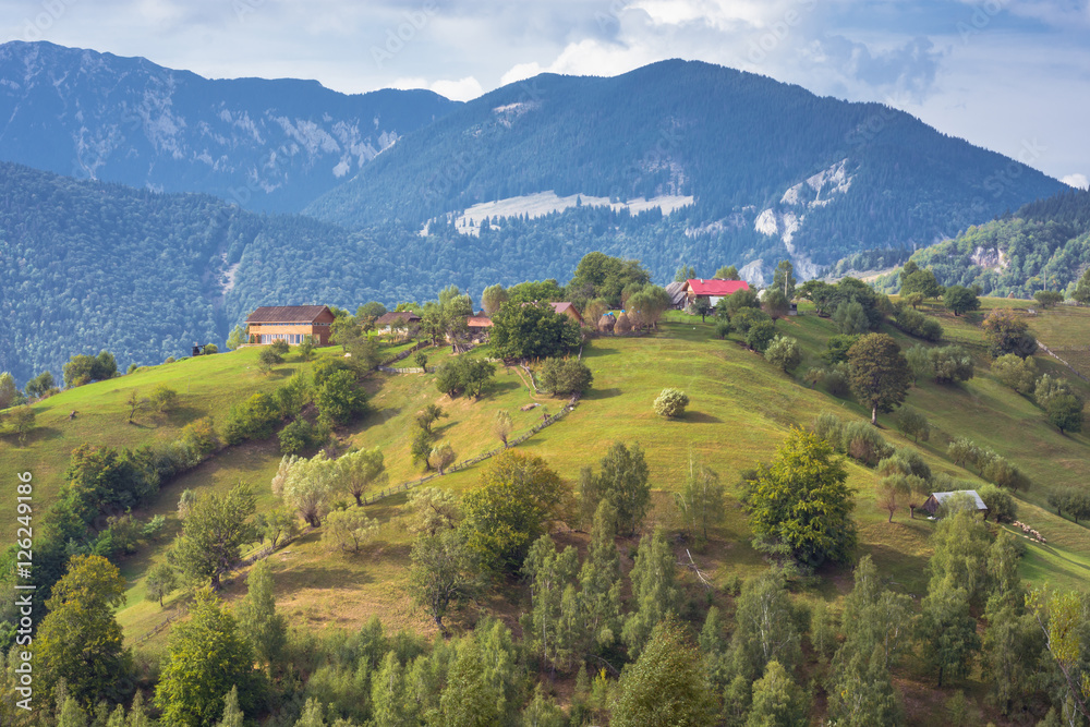 Mountain landscape in Romania. Rural Romanian landscape. Landscape of Magura Village near Brasov, Romania