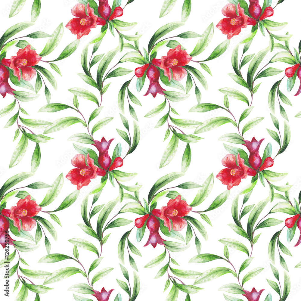beautiful original blooming pomegranate brunch. watercolor art. pattern