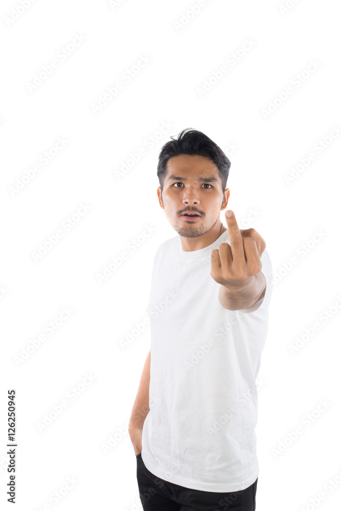 Young handsome man showing middle finger with isolated on white Young handsome man showing middle finger with isolated on white